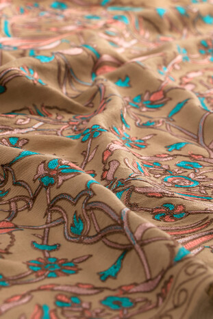 Beige Turquoise Tulip Pattern Embroidered Wool Silk Shawl - Thumbnail