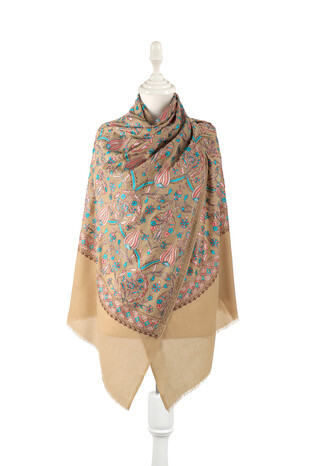 Beige Turquoise Tulip Pattern Embroidered Wool Silk Shawl - Thumbnail