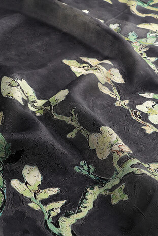 Black Almond Blossom Pattern Voile Silk Scarf - Thumbnail