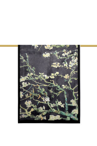 Black Almond Blossom Pattern Voile Silk Scarf - Thumbnail