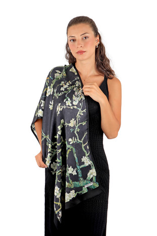 Black Almond Blossom Silk Foulard - Thumbnail