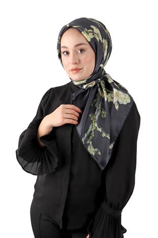 Black Almond Blossom Sura Silk Square Scarf - Thumbnail