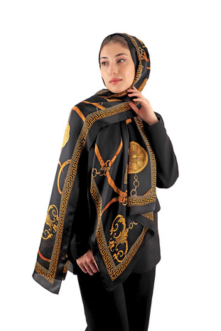 Black Belt Pattern Sura Silk Scarf - Thumbnail