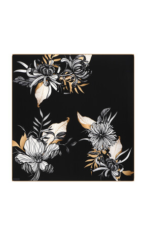 Black Çağla Pattern Twill Silk Square Scarf - Thumbnail