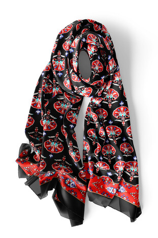 Black Carnation Pattern Silk Foulard - Thumbnail