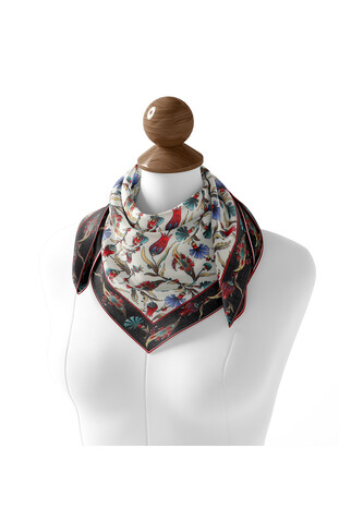 Black Carnation Tulip Pattern Soft Square Scarf - Thumbnail