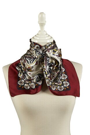 Black Claret Red Tile Tulip Pattern Narrow Silky Foulard - Thumbnail