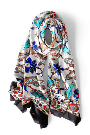 Black Cream Efes Pattern Silk Foulard - Thumbnail