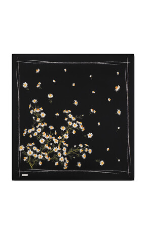 Black Daisy Pattern Twill Silk Square Scarf - Thumbnail