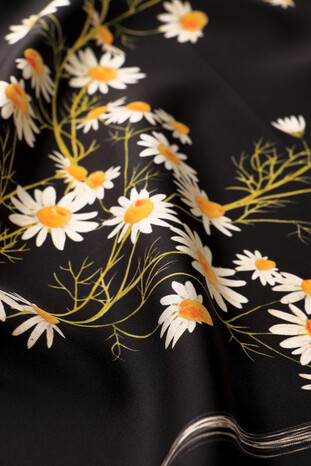 Black Daisy Pattern Twill Silk Square Scarf - Thumbnail