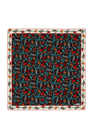 Black Ecru Carnation Tulip Pattern Silk Square Scarf - Thumbnail