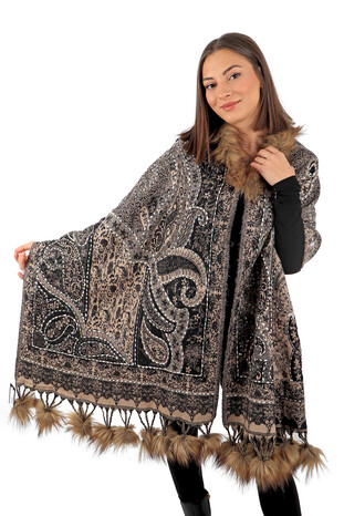 Black Embroidered Fur Pompom Winter Shawl - Thumbnail