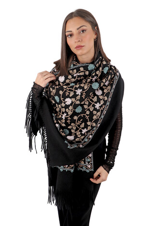 Black Embroidered Winter Shawl - Thumbnail