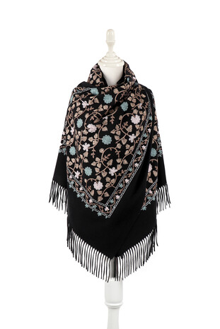 Black Embroidered Winter Shawl - Thumbnail