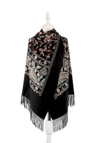 Black Embroidered Winter Shawl - Thumbnail