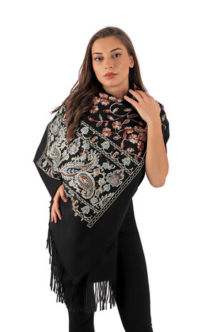 Black Embroidered Winter Shawl - Thumbnail