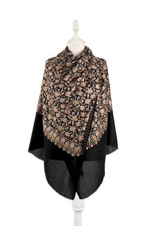 Black Embroidered Wool Silk Shawl - Thumbnail