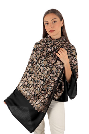 Black Embroidered Wool Silk Shawl - Thumbnail