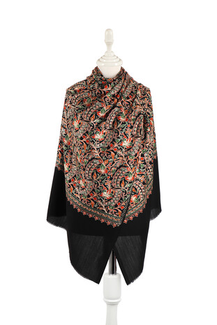 Black Embroidered Wool Silk Shawl - Thumbnail