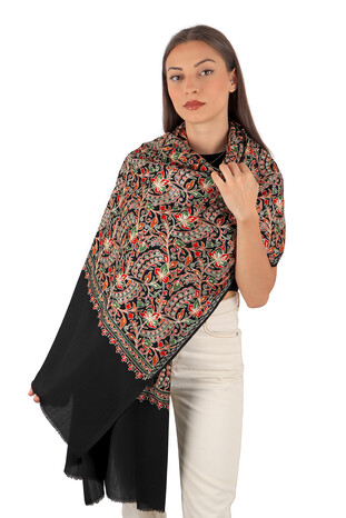 Black Embroidered Wool Silk Shawl - Thumbnail