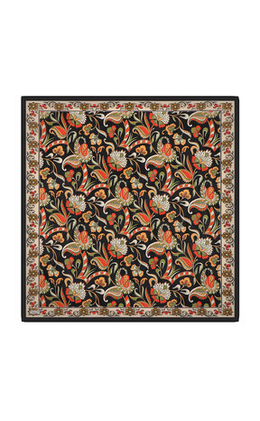 Black Floral Pattern Voile Silk Square Scarf - Thumbnail