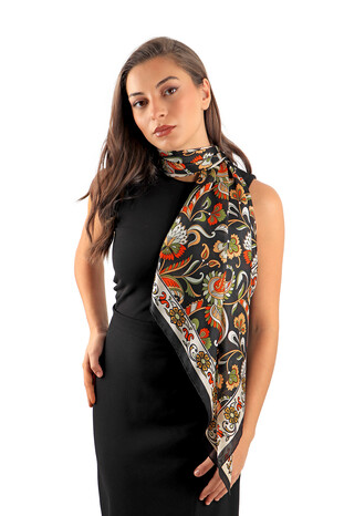 Black Floral Pattern Voile Silk Square Scarf - Thumbnail