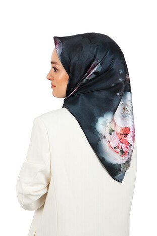 Black Floral Silk Square Scarf - Thumbnail