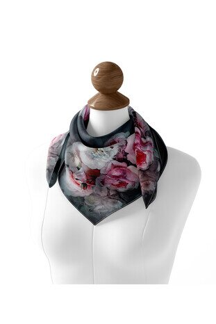 Black Floral Silk Square Scarf - Thumbnail