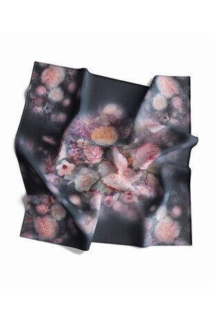 Black Floral Silk Square Scarf - Thumbnail