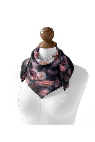 Black Floral Silk Square Scarf - Thumbnail