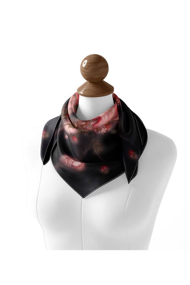 Black Floral Silk Square Scarf - 3