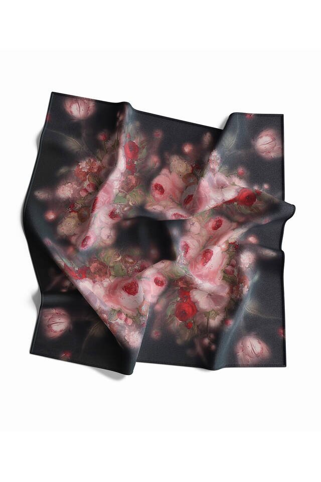 Black Floral Silk Square Scarf - 4