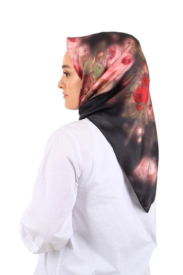 Black Floral Silk Square Scarf - 2