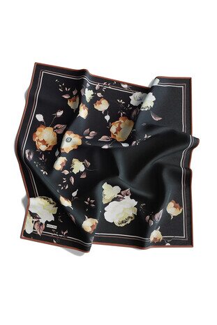 Black Floral Twill Silk Square Scarf - Thumbnail