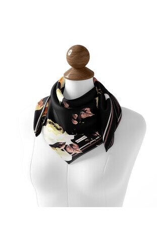 Black Floral Twill Silk Square Scarf - Thumbnail