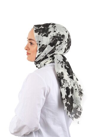 Black Flower Crepe Scarf - Thumbnail