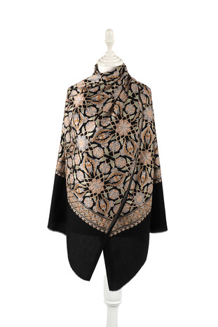 Black Fully Embroidered Suzani Wool Shawl - Thumbnail