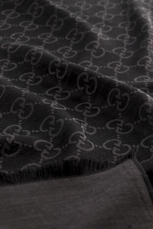 Black G Pattern Wool Silk Scarf - Thumbnail