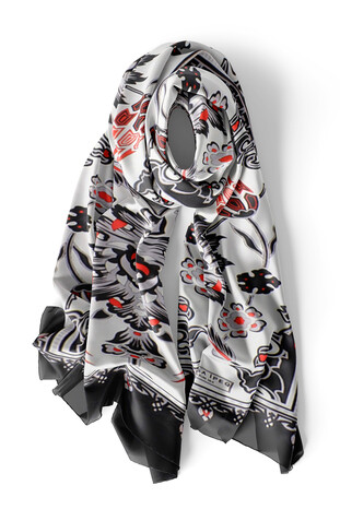 Black Gray Tile Tulip Voile Silk Foulard - Thumbnail