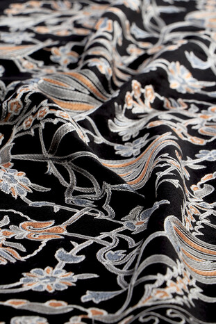 Black Gray Tulip Pattern Embroidered Wool Silk Shawl - Thumbnail