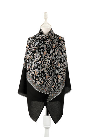 Black Gray Tulip Pattern Embroidered Wool Silk Shawl - Thumbnail