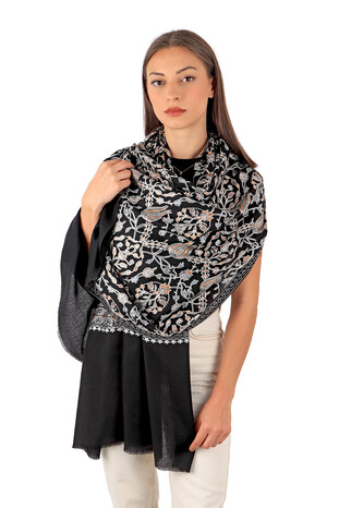 Black Gray Tulip Pattern Embroidered Wool Silk Shawl - Thumbnail