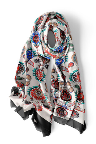 Black Iznik Pattern Narrow Silk Foulard - Thumbnail