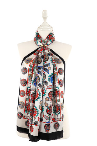 Black Iznik Pattern Narrow Silk Foulard - Thumbnail