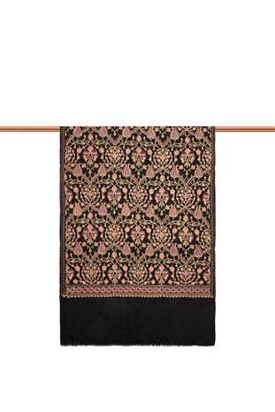 Black Khaki Tulip Pattern Embroidered Wool Silk Shawl - Thumbnail