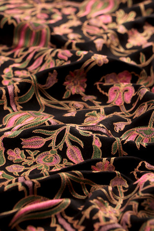 Black Khaki Tulip Pattern Embroidered Wool Silk Shawl - Thumbnail