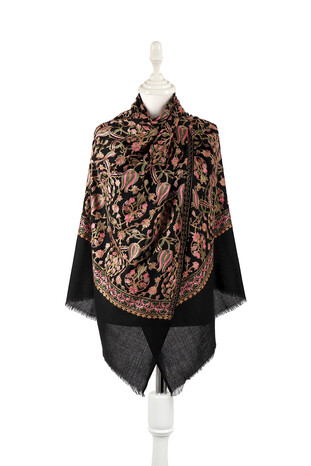 Black Khaki Tulip Pattern Embroidered Wool Silk Shawl - Thumbnail