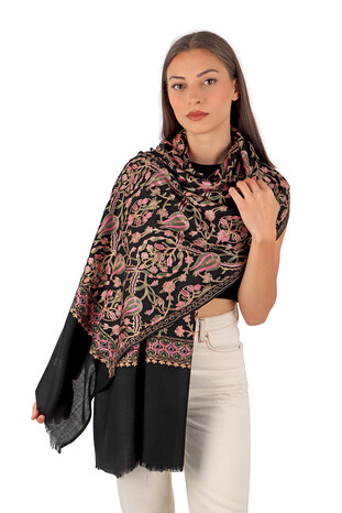 Black Khaki Tulip Pattern Embroidered Wool Silk Shawl - Thumbnail