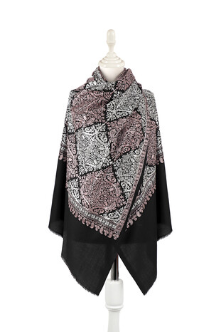 Black Lilac Embroidered Suzani Wool Shawl - Thumbnail