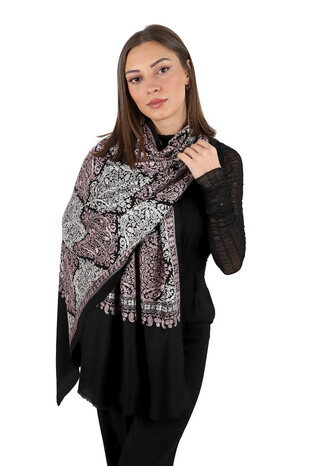 Black Lilac Embroidered Suzani Wool Shawl - Thumbnail